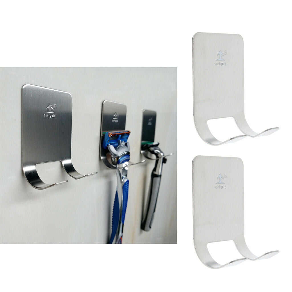 2 Stainless Steel Razor Holder Rack Adhesive Shaver Double Hook Hanger Stand