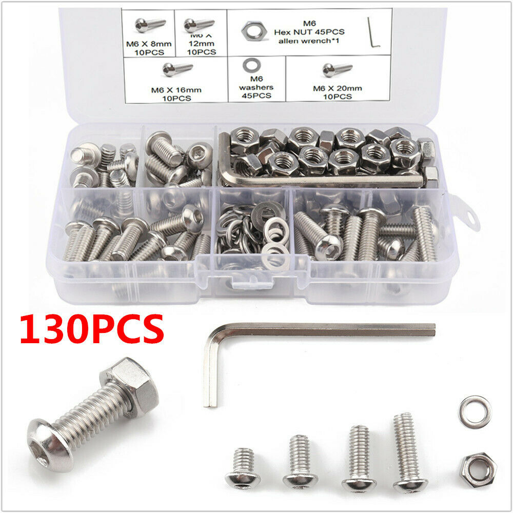 130x Stainless Steel M6 Semi-Circular/Flat Round Head Hexagon Screw Nut + Wrench