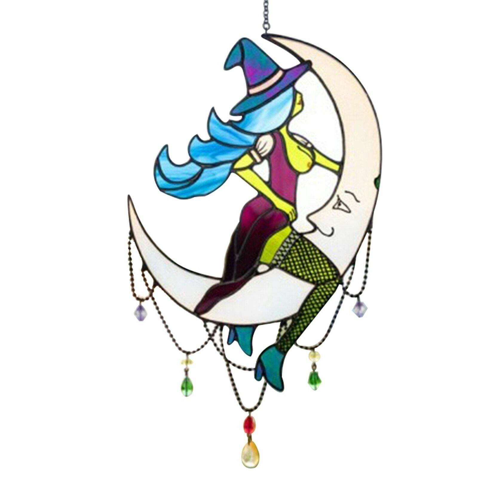 Witch on Moon Decor Stained Suncatcher Window Hangings Outdoor Wall Art Home