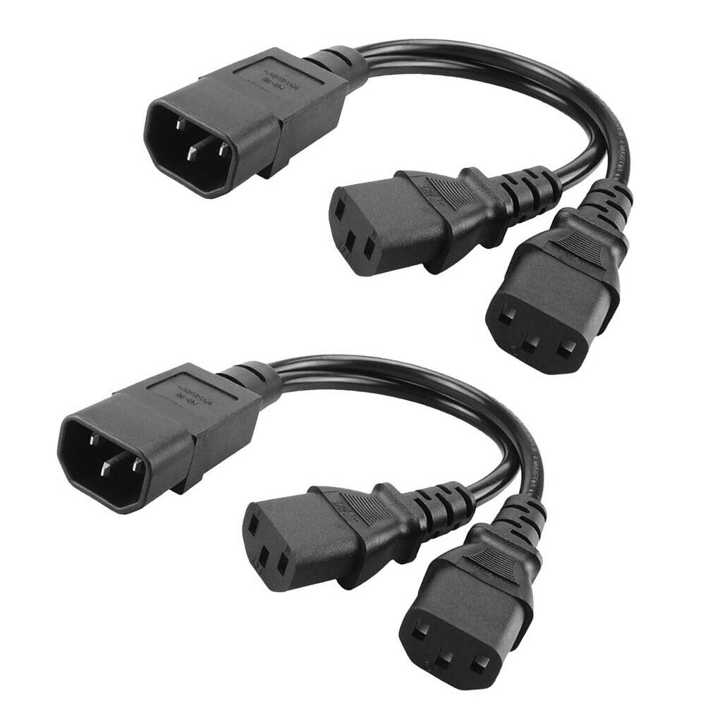 Black New 1-to-2 Y-Cable IEC320-C14 to 2C13 Cord Adapter PDU/UPS 350mm