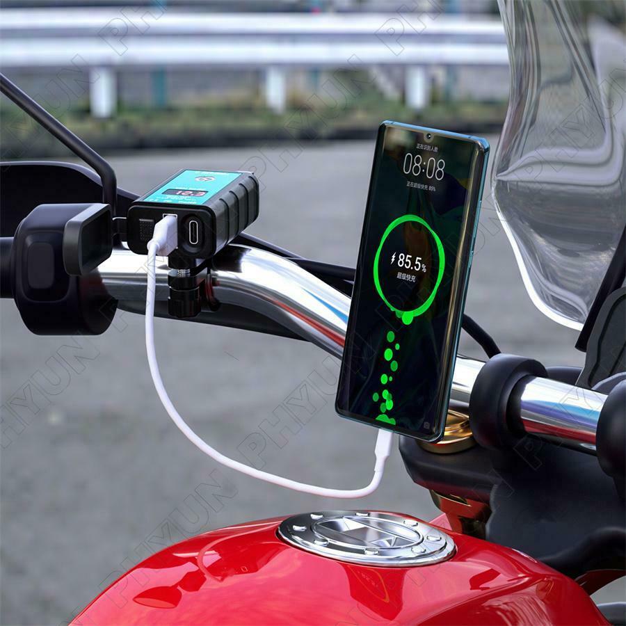 Motorcycle Moped USB + Type-C Fast Charger w/ Voltmeter Power Switch SAE Socket