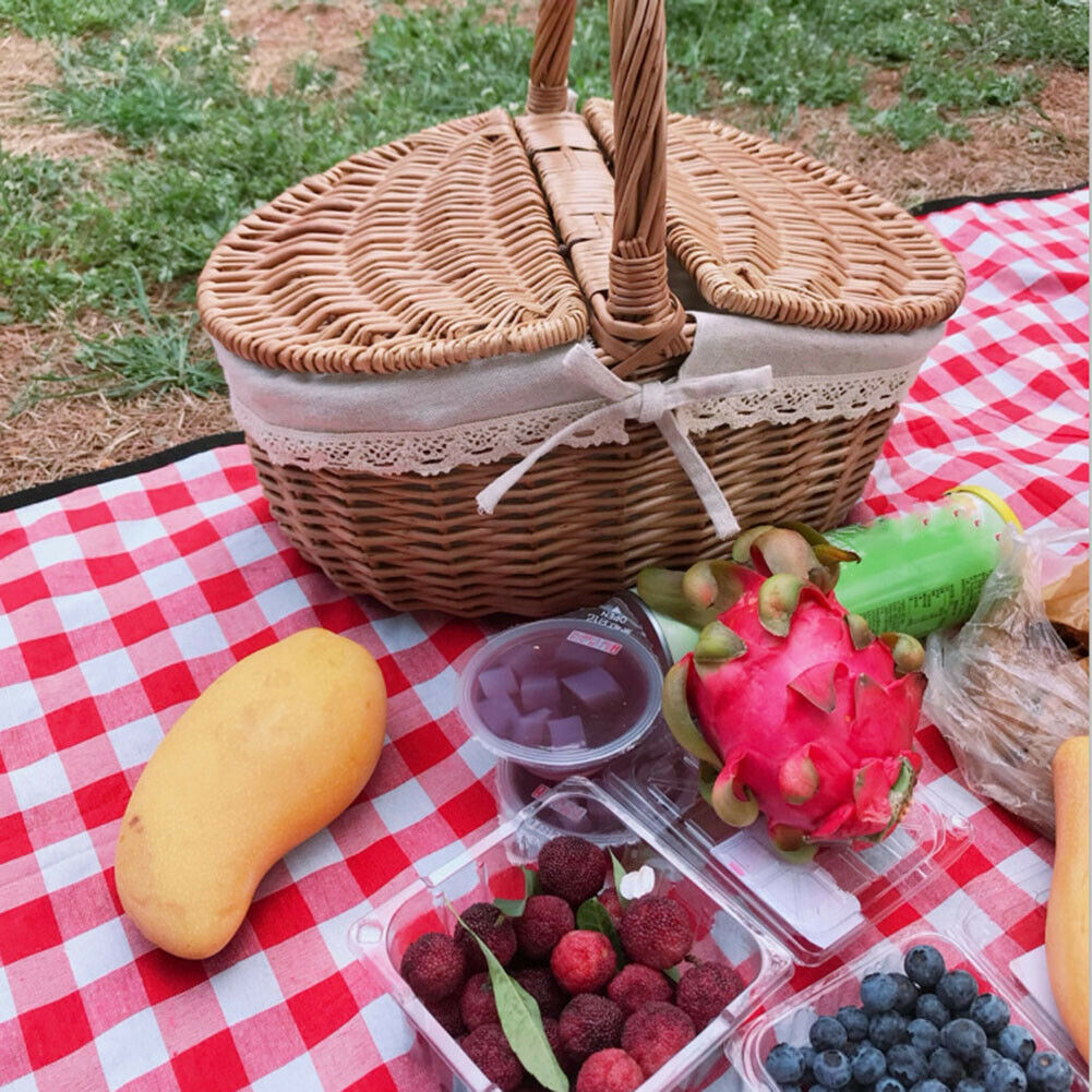 Handmade Large Wicker Basket W/ Handle Double-Lid Willow Woven Storage Hamper