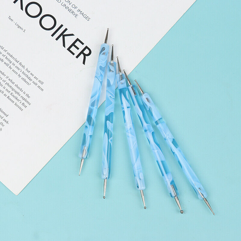 5Pcs/Pack 2 way Blue Dotting Marbleizing Painting Pens Nail Art Dot ToolsFCA