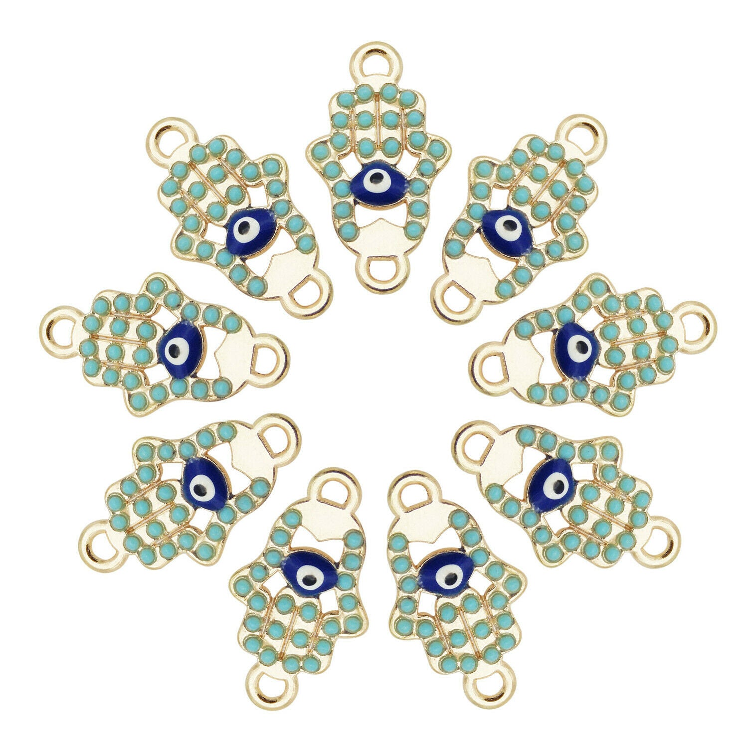 12 Alloy Rhinestone Enamel Hand Charm Evil Eye Pendant Connector Making 22X12mm