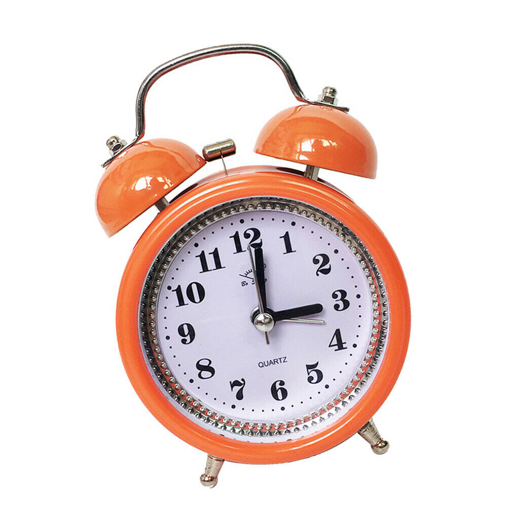 Retro metal double bell alarm clock bedside clock with orange night light