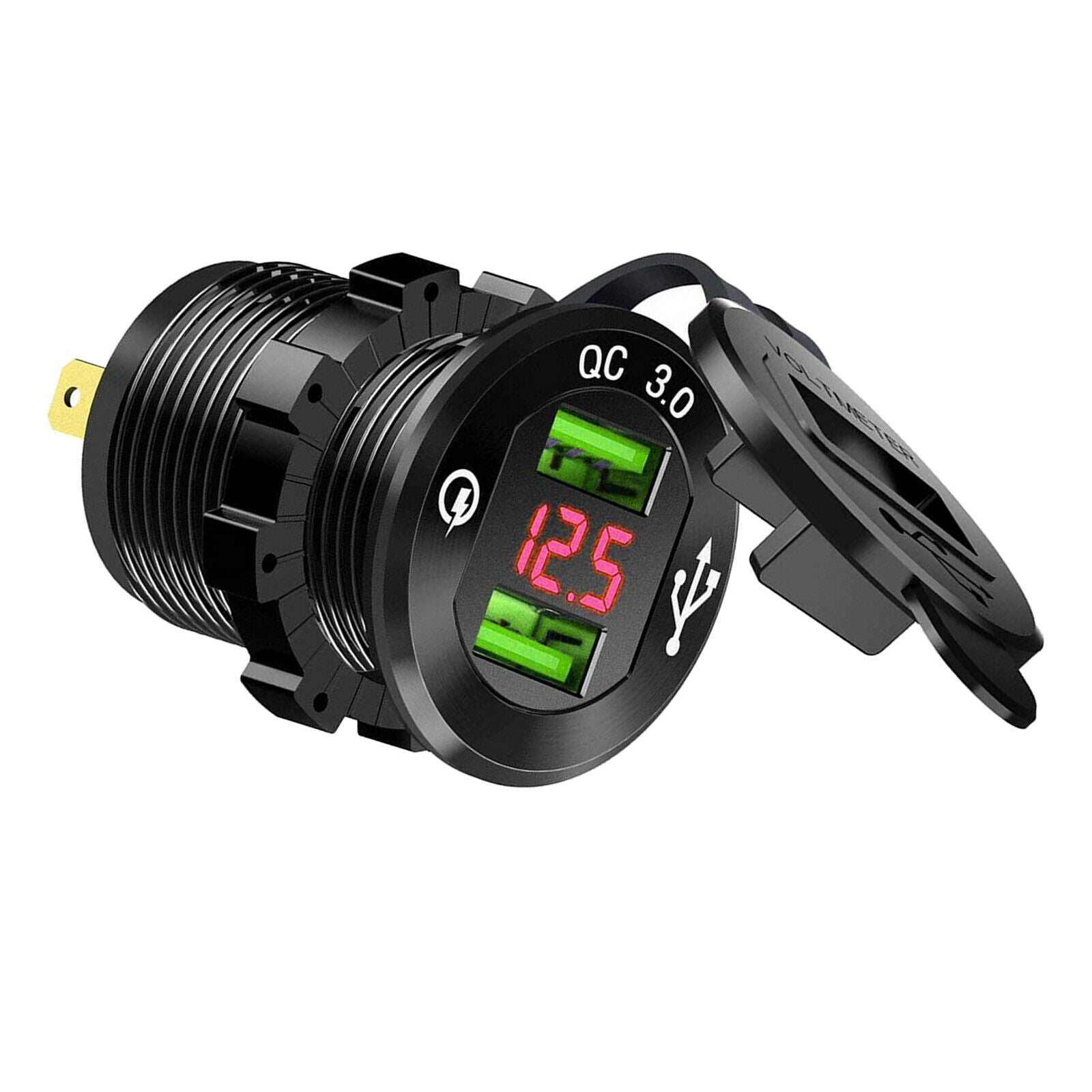 Quick Charge Car Charger Socket QC3.0 Socket LED Voltmeter Boat Black+Red