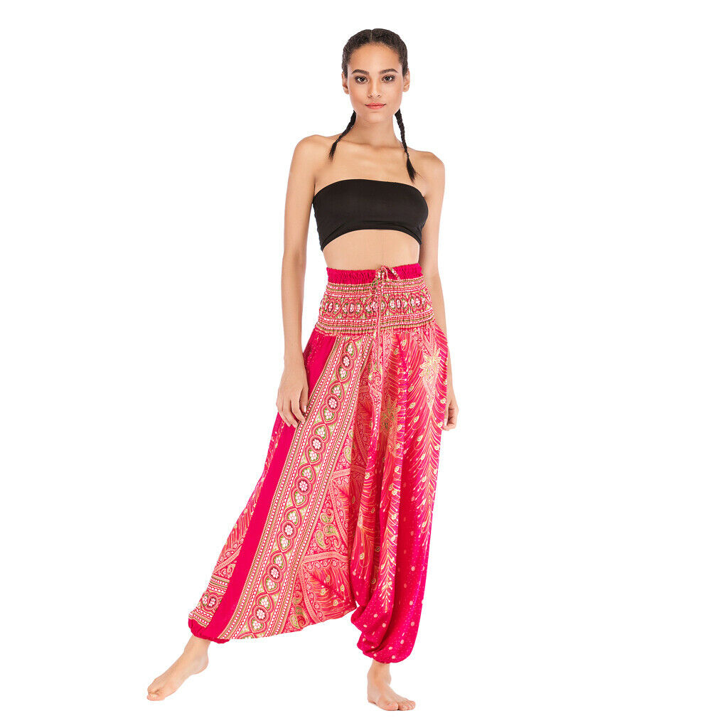 Women's Floral Print Harem Pants Boho Yoga Pants Long Beach Pants Pink