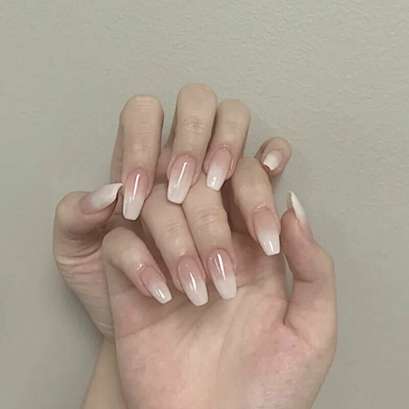 White Gradient French False Glue Nails Art Acrylic Full Cover Tips Manicure Kt