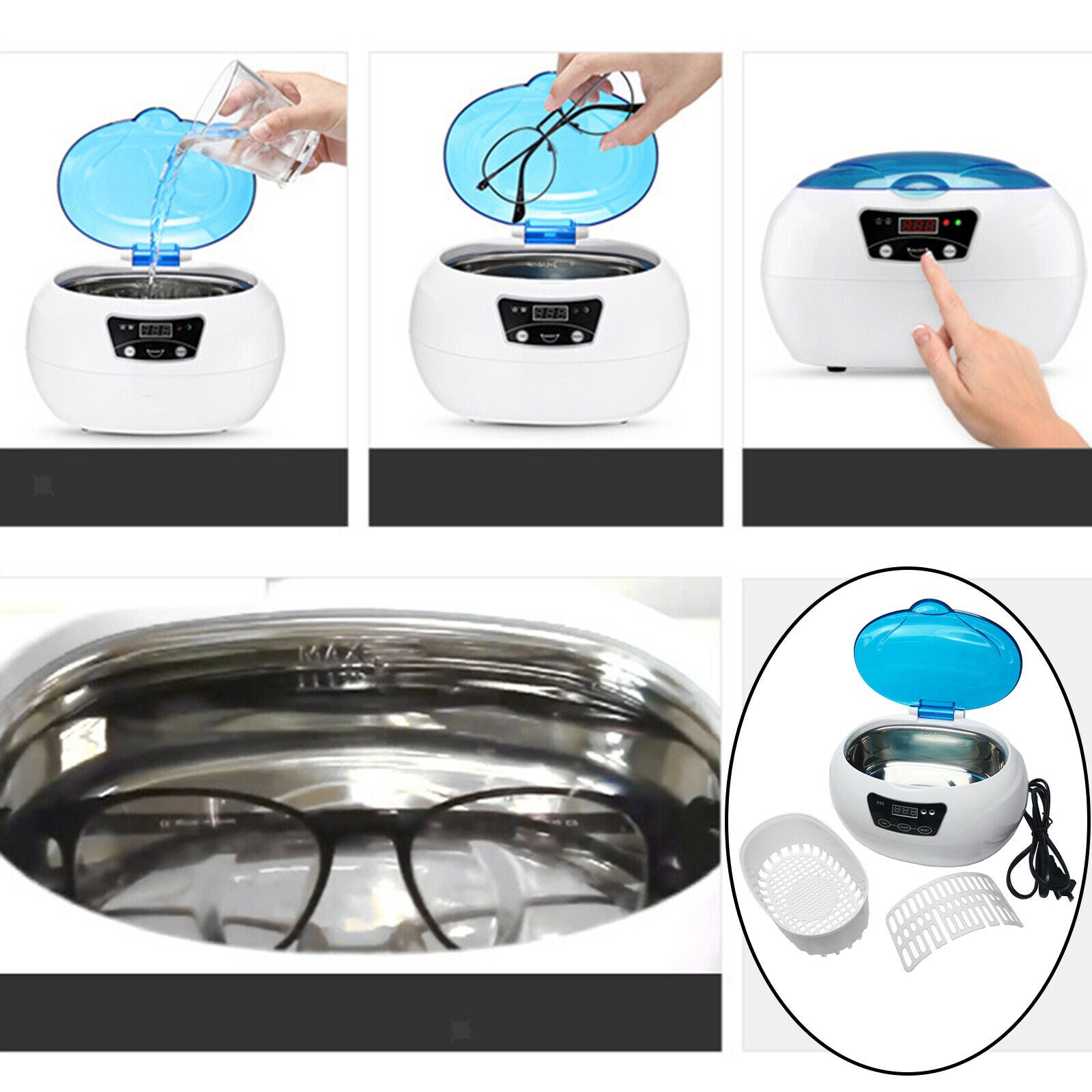Household Ultrasonic Cleaner 600mL for Jewelry Glasses Ring White UK Plug
