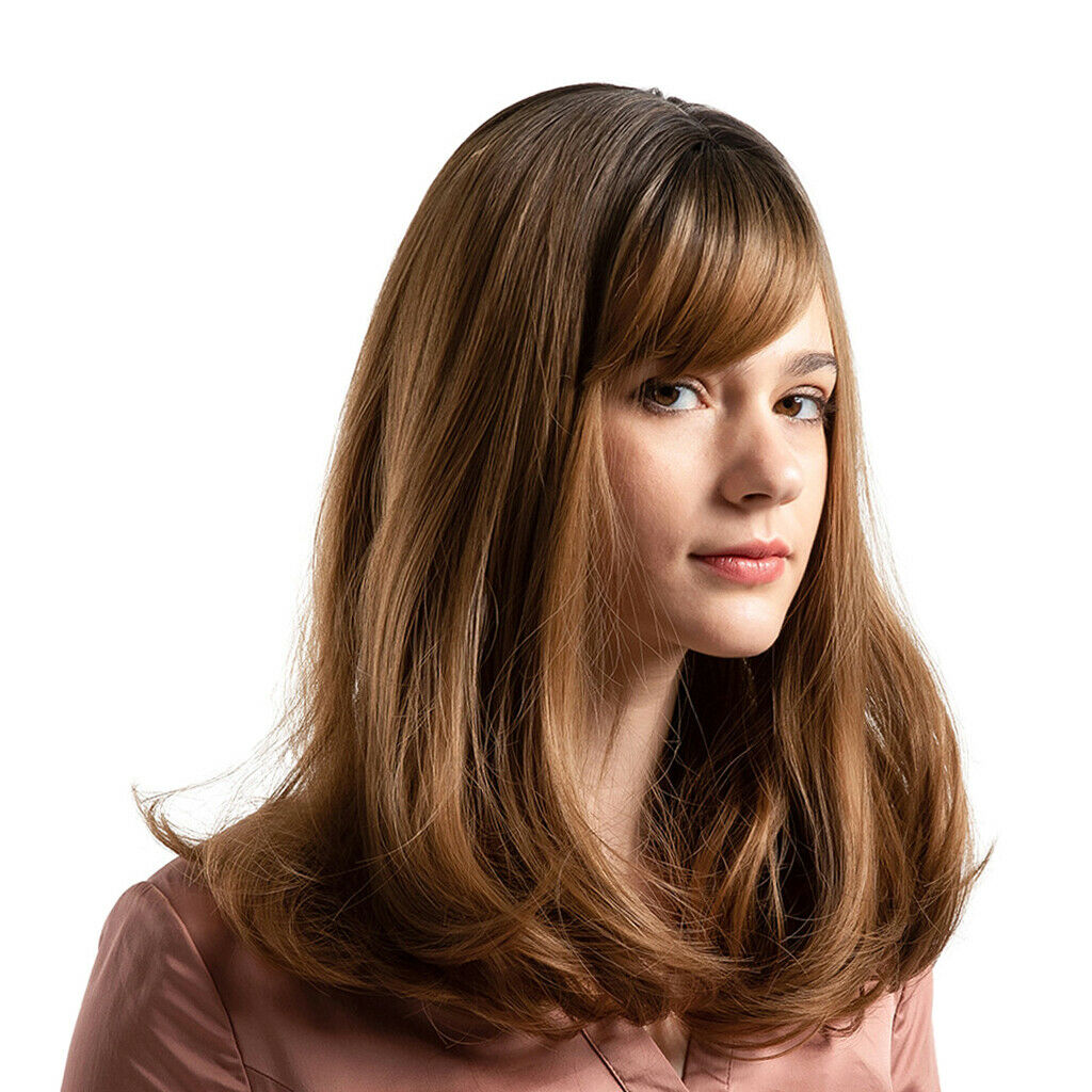 Women's Brown Long Straight Curly Wig 16 Inches Synthetic Middle Part Wigs For