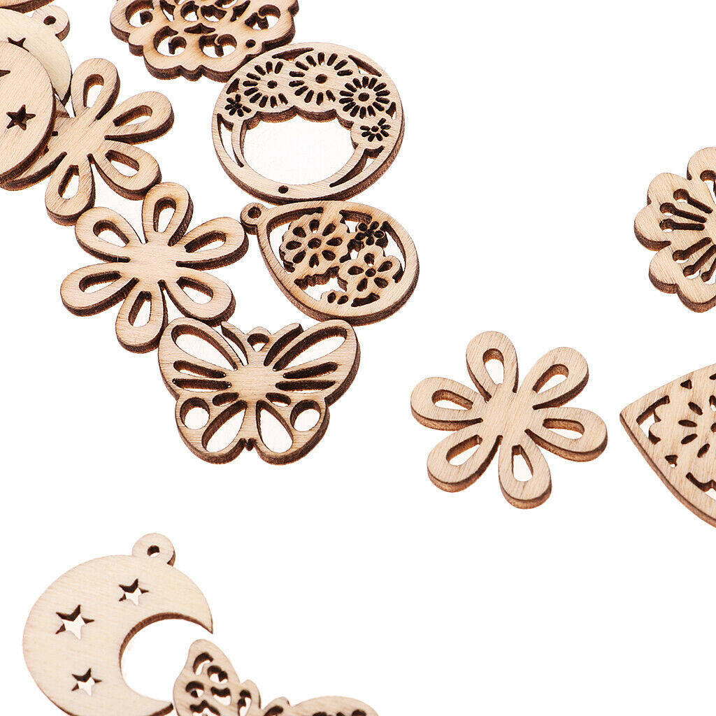50 Pieces Mixed Wooden Cutout Butterfly Flowers Heart Moon Shapes Embellishments