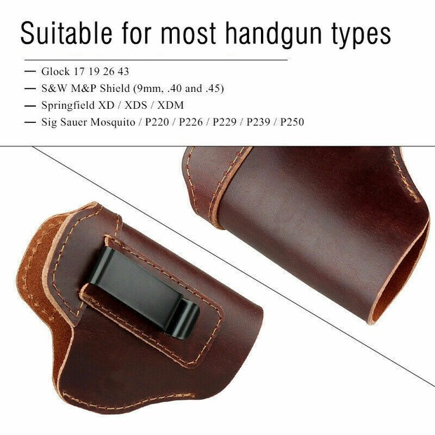 Universal Brown Leather IWB Right Hand Pistol Holster Fit Glock 17 19 26 43 S&W