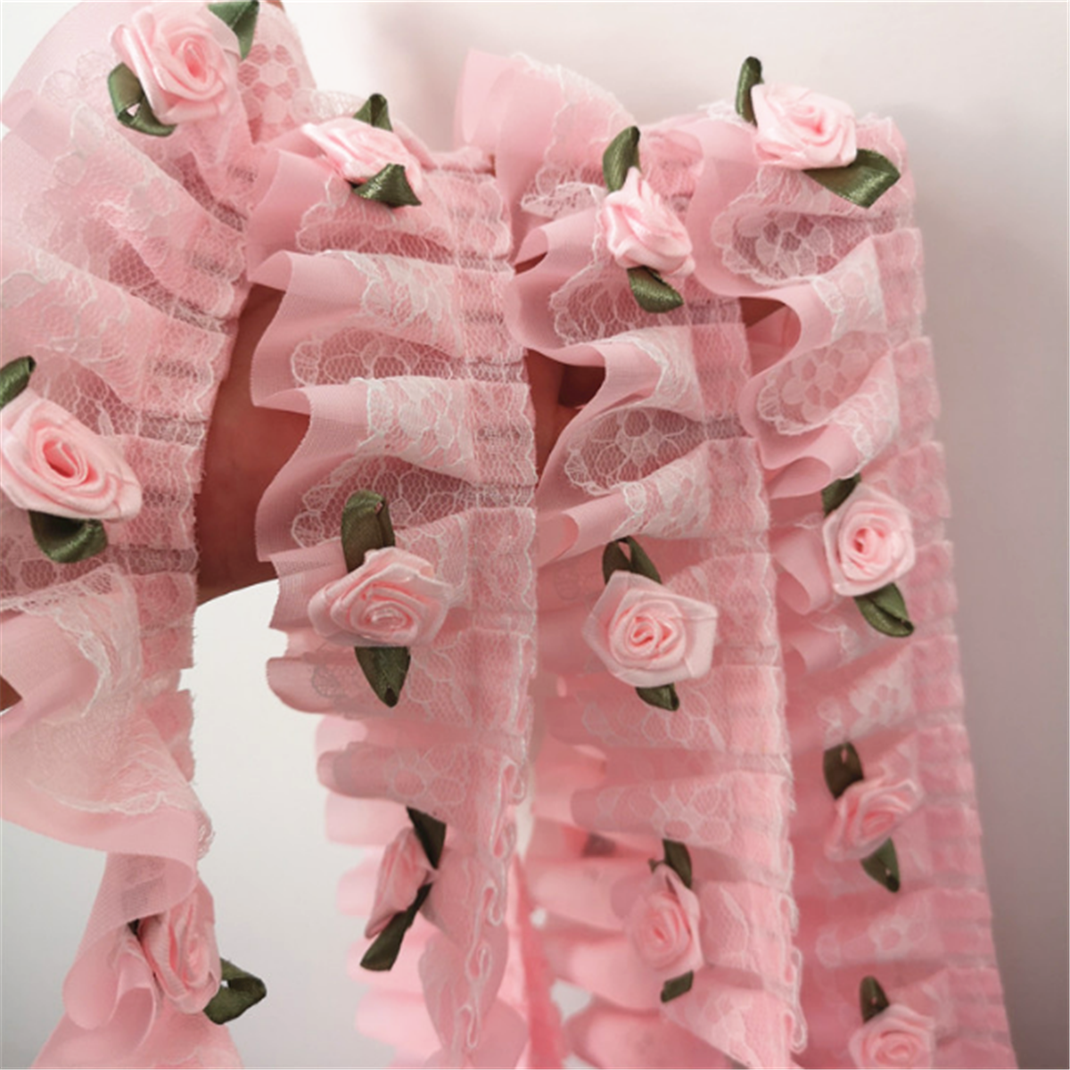 3Pc Camellia Ruffled Flower Lace Trim Applique 1yard Chiffon Rose Bridal Wedding