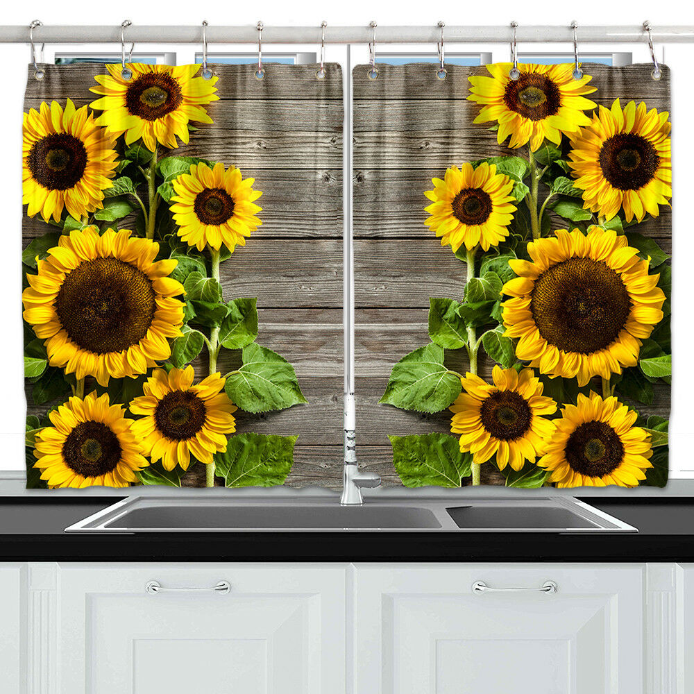 Sunflower on Wooden Window Treatments for Kitchen Curtains 2 Panels, 55X39"