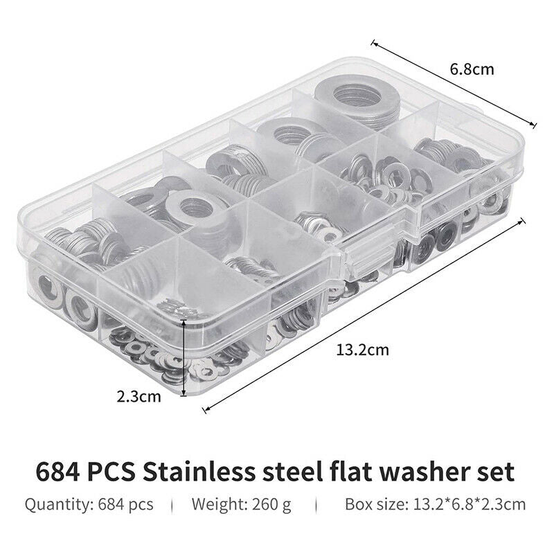 Flat Washer Stainless Steel Washers Assortment Set Value Kit,684 Pieces M2-M12