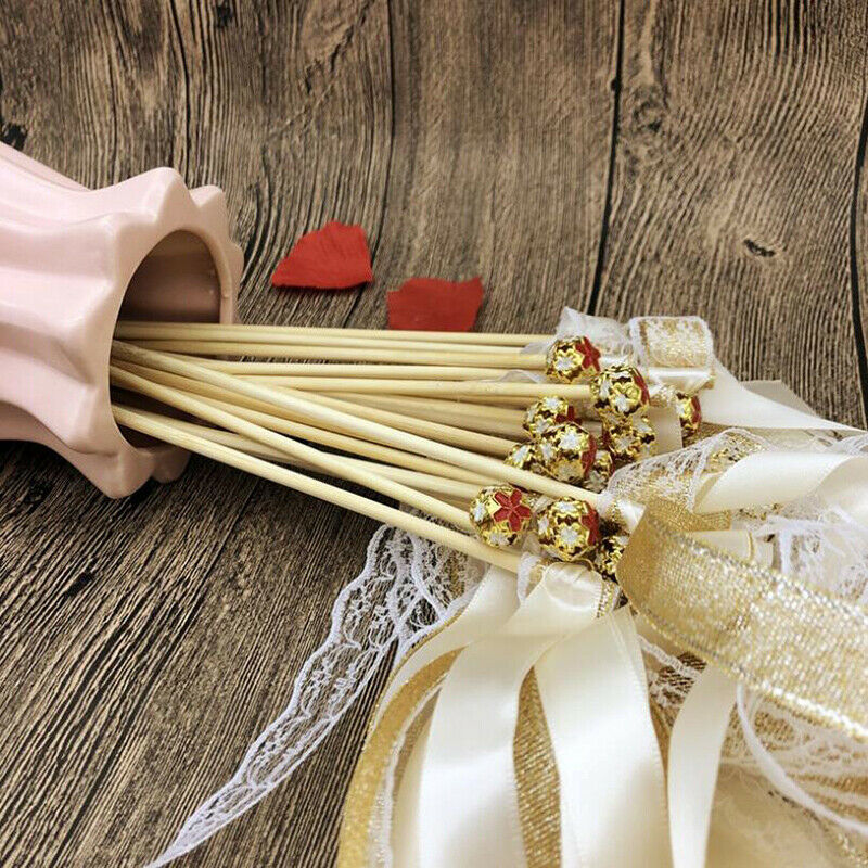 5Pcs Ribbon Wedding Wands Wedding Lace Ribbon Stick Bells Twirling Stream.l8