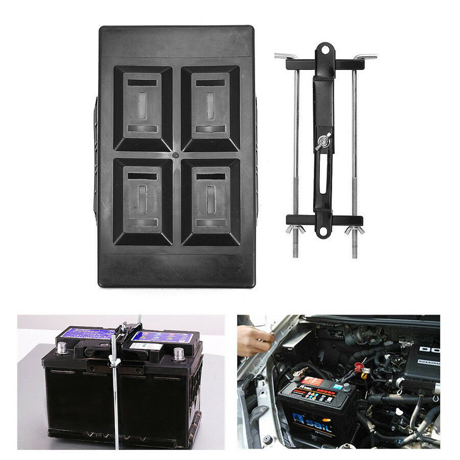Universal Black Battery Tray Car Storage Battery Holder + Hold Down Clamp Safe