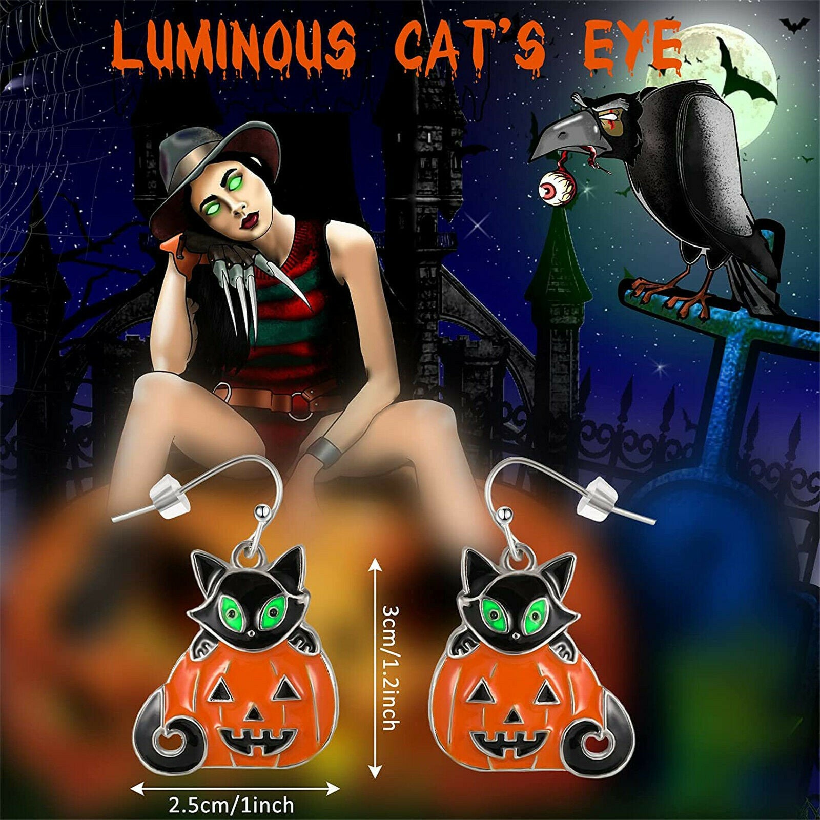 2 Pair Colorful Enamel Alloy Earrings Halloween Pumpkin Cat Pendant Ear Hooks