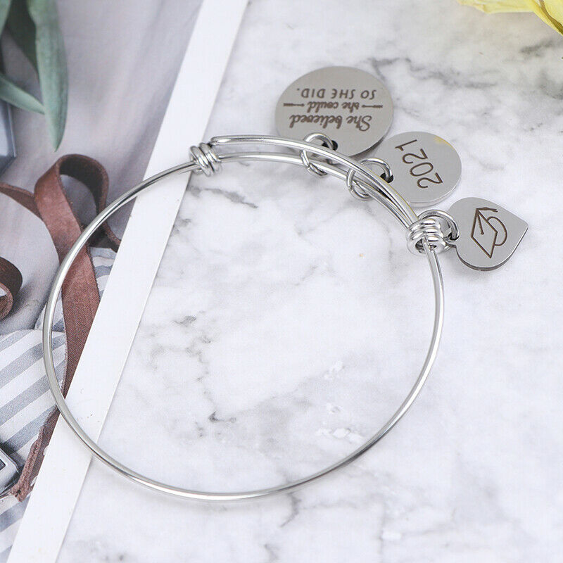 Stainless Steel Women Girls Inspirational Quotes Bangle Heart Charm Brace.l8