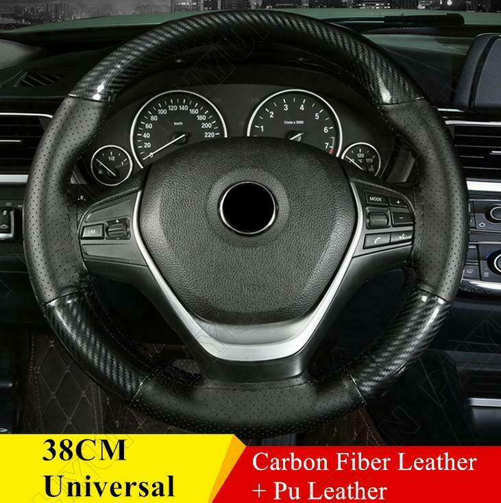 Universal Car Steering Wheel Cover Trim Black Carbon Fiber & Leather DIY Sewing