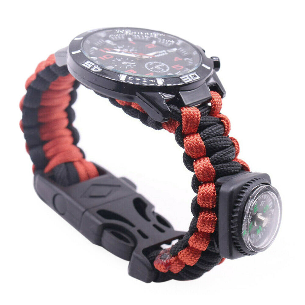 Survival Watch Bracelet Paracord Compass Flint Fire Starter Whistle Outdoor RK B
