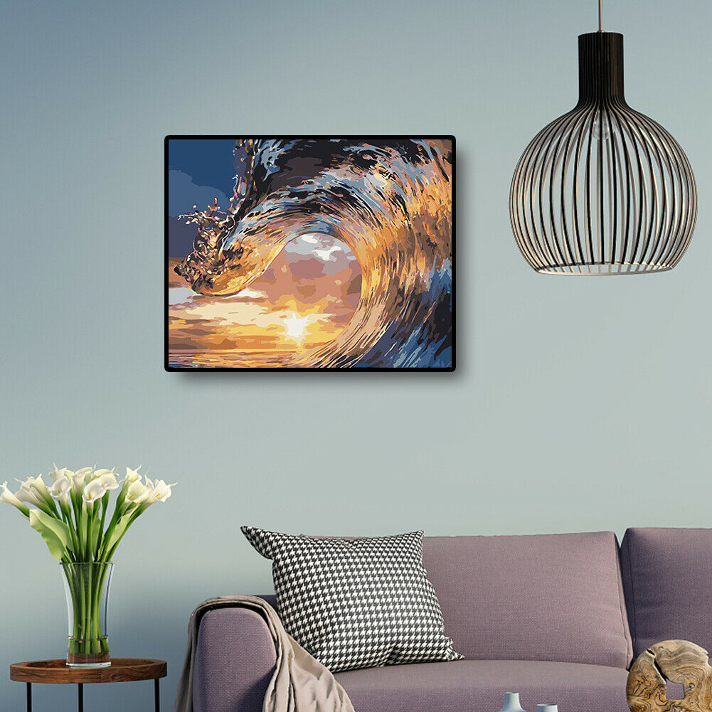 DIY Digital Oil Painting By Numbers Kits Surging Waves Drawing Sea Picture  @