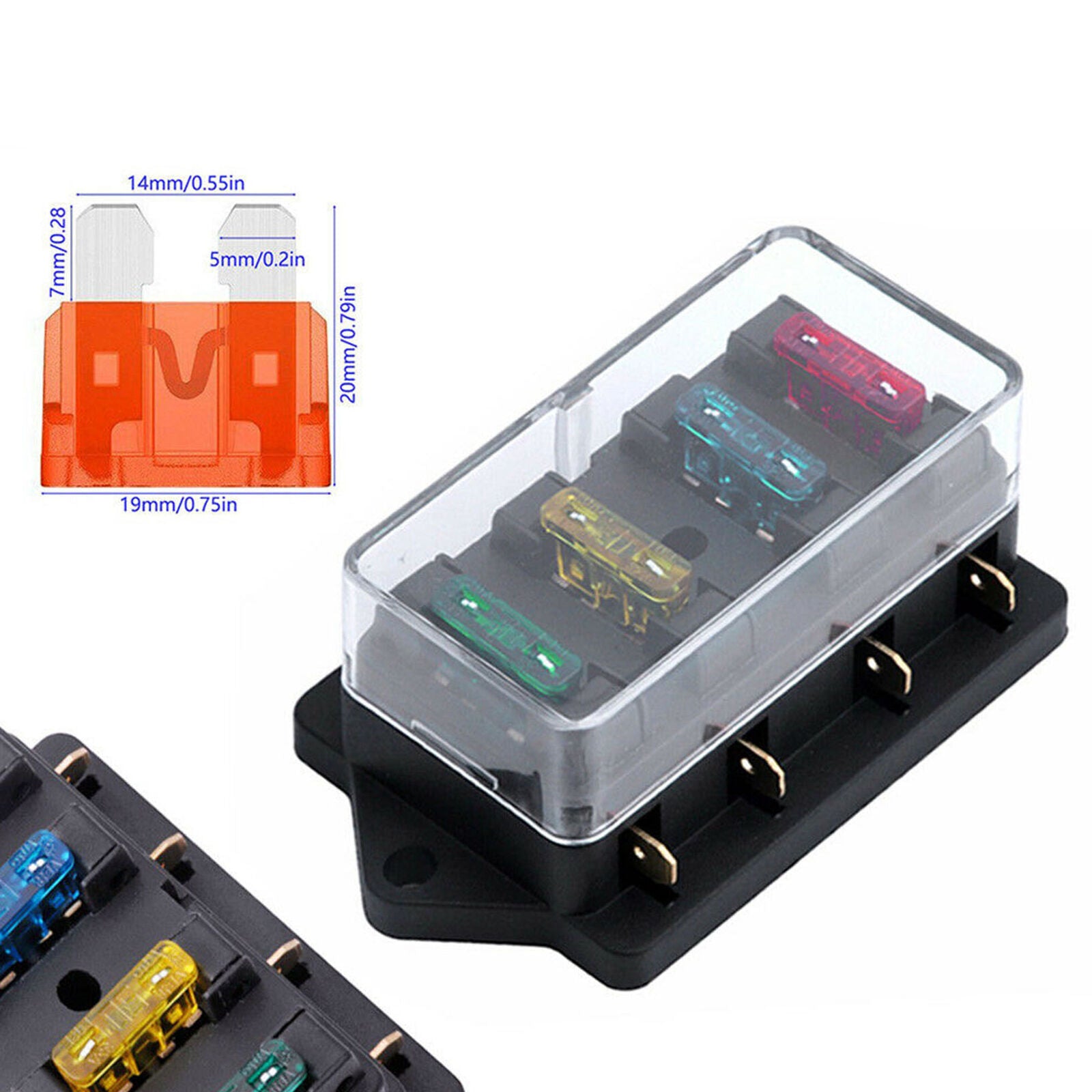 12V/24V CAR BOAT 4 WAY CIRCUIT ATO ATC STANDARD BLADE FUSE BOX HOLDER + 4X