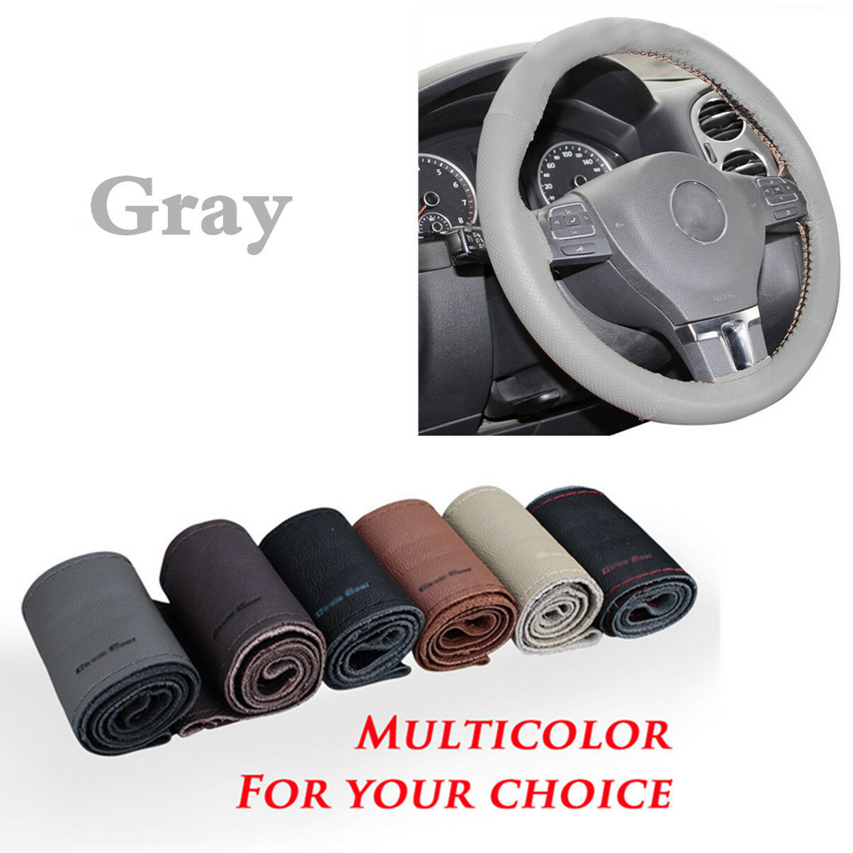 38cm Gray DIY Steering Wheel Covers Soft Real Leather braid W/ Needle and Thread