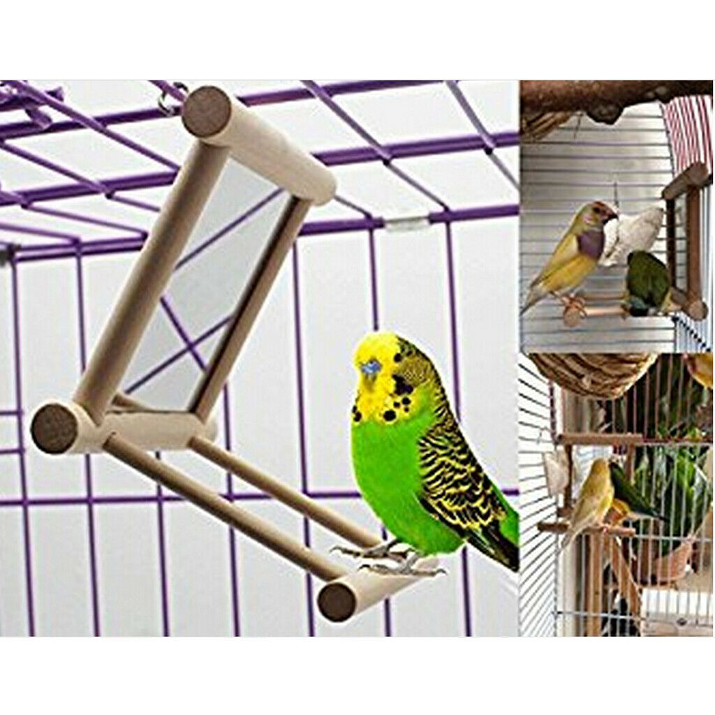 Bird Mirror Perch Stand Platform Wooden Bird Toys for Budgie Parakeet