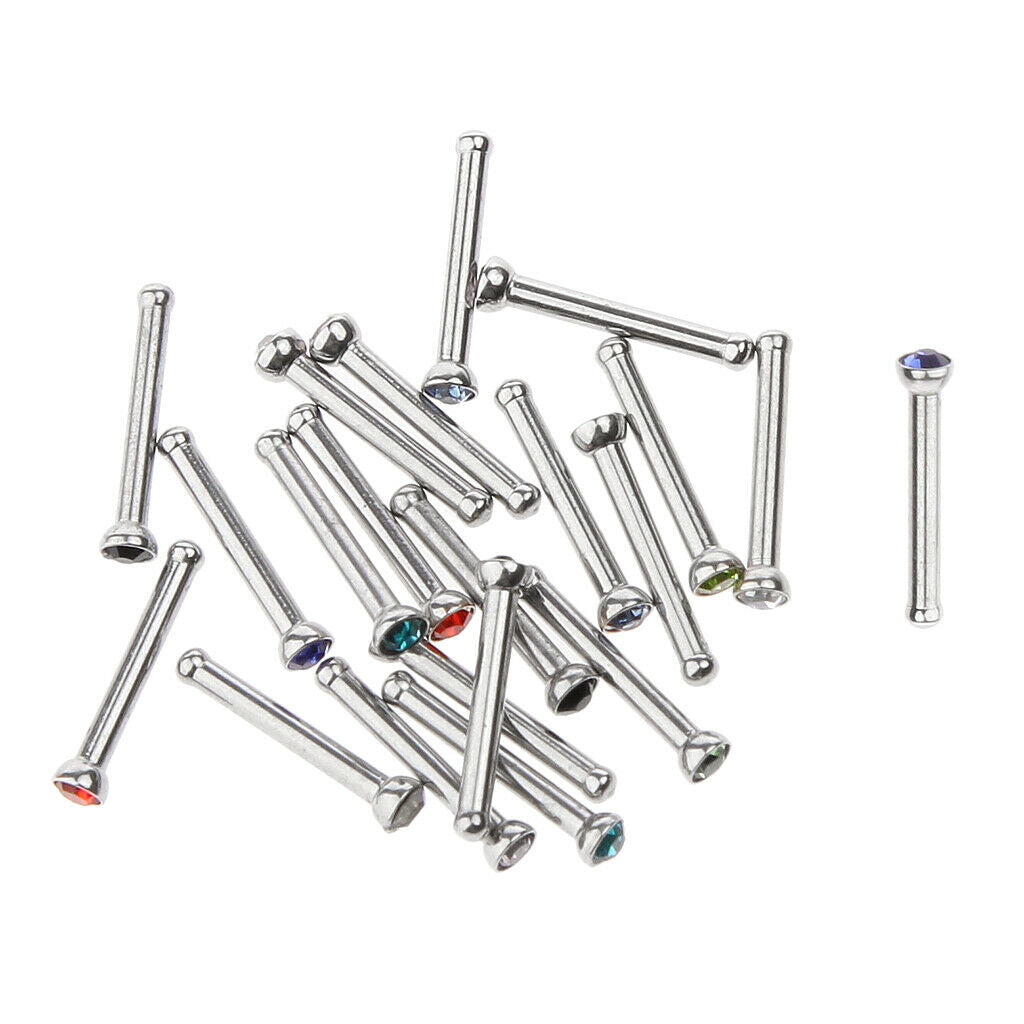 20 Pcs Mix Colour Crystal Bulk Lot Nose Ring Bone Straight Stud Bar Piercing