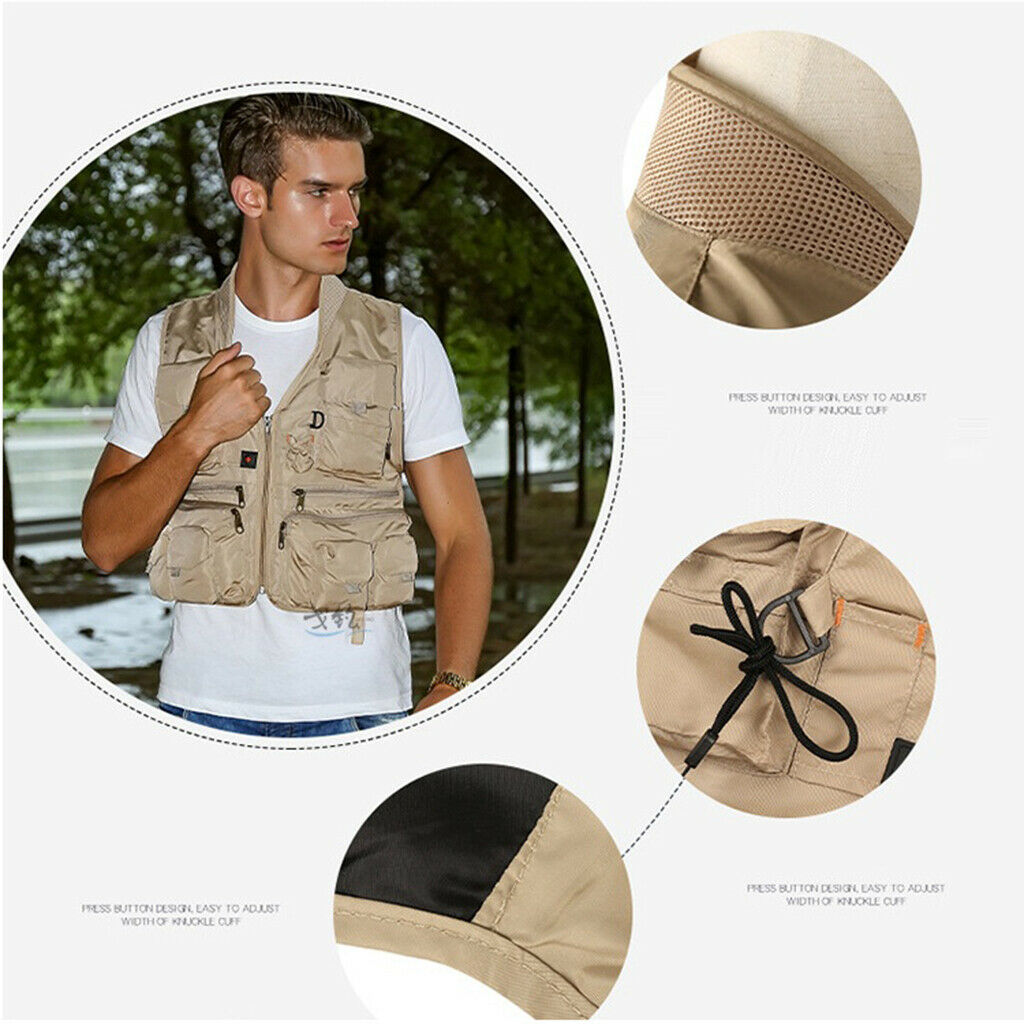 Multi Pocket Photography Hunting Fishing Vest Jacket Waistcoat Khaki XL