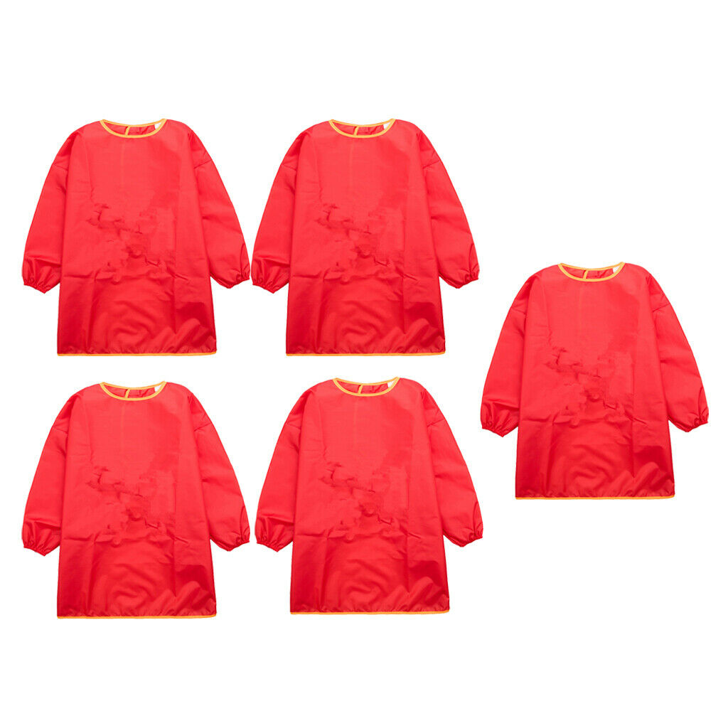 5 Pieces Kids Long Sleeve Drawing Apron Waterproof Eating Bib Size_M Red
