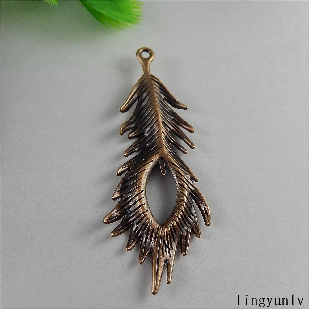 5 pcs Retro Copper Red Alloy Peacock Pendant Charm Feather For Jewelry 71*27*4mm