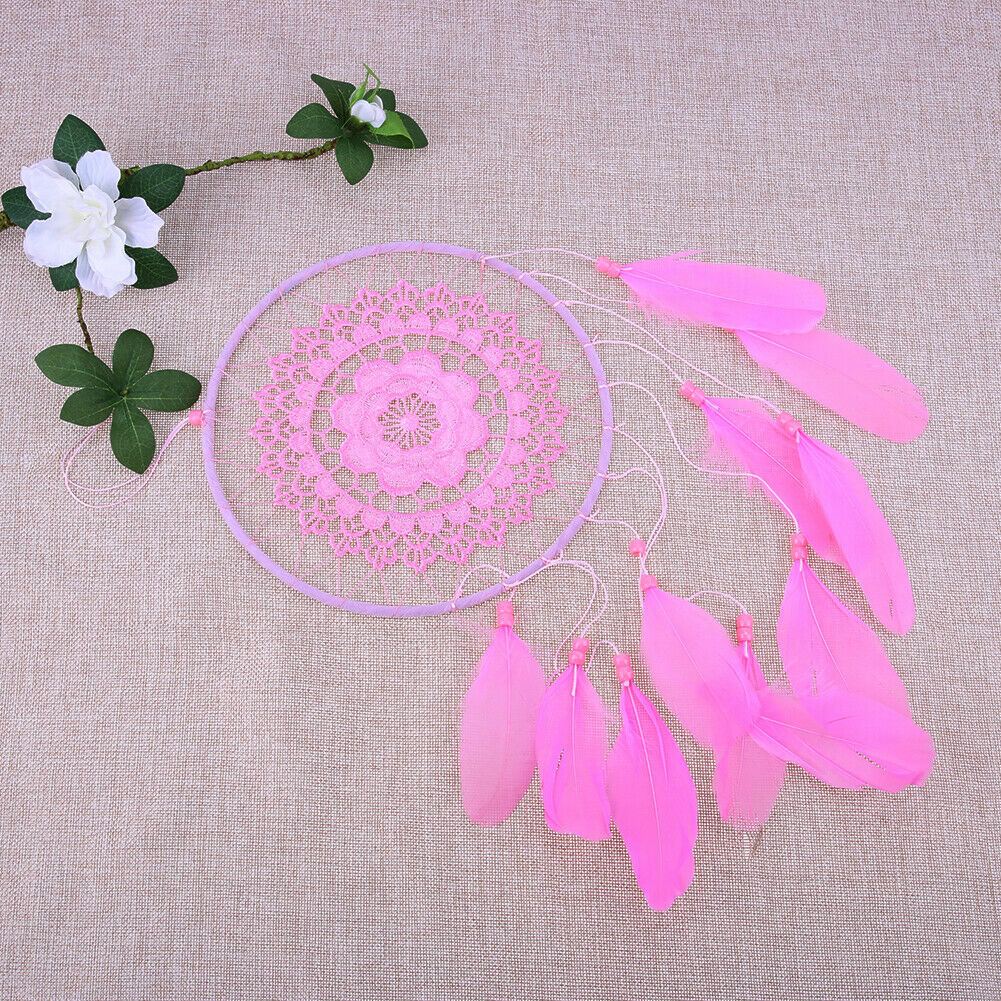 Pink Handmade Lace Dream Catcher Feather Bead Hanging Decoration Ornament @