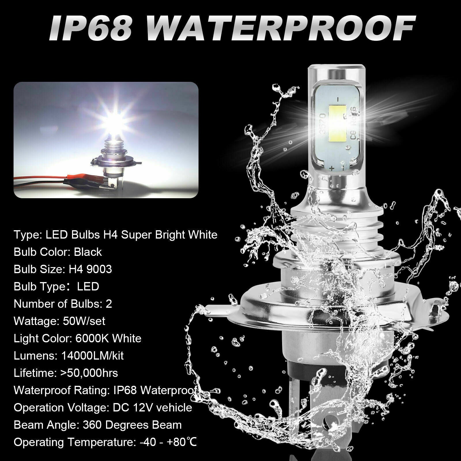 4X 9003 H4 LED Headlight Bulb Kit High Low Beam Super Bright 80W 6000K