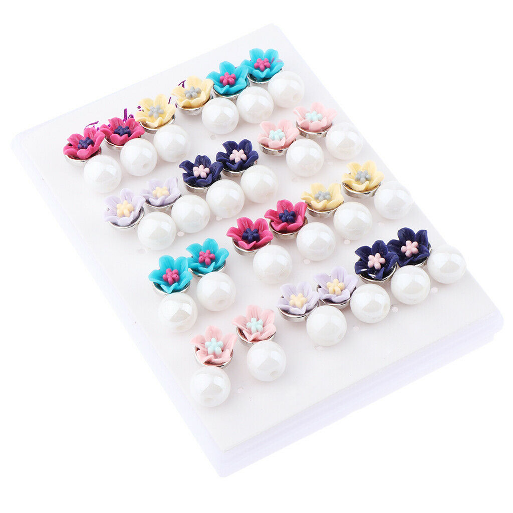 12 Pair Fashion Faux Pearls Flower Stud Earrings Ear Studs for Women Jewelry