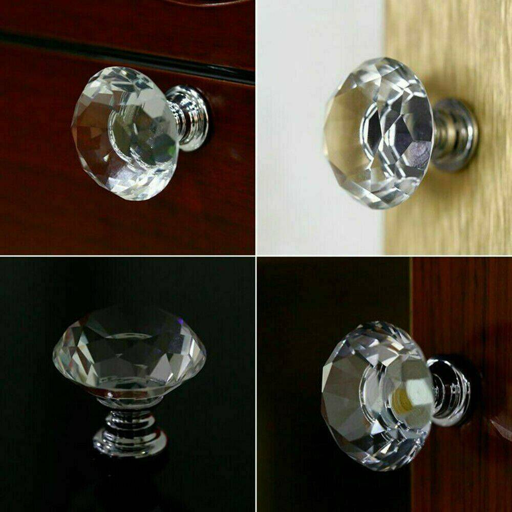 12Pcs Clear Crystal Diamond Glass Door Knobs Cupboard Drawer Handle Cabinet Knob