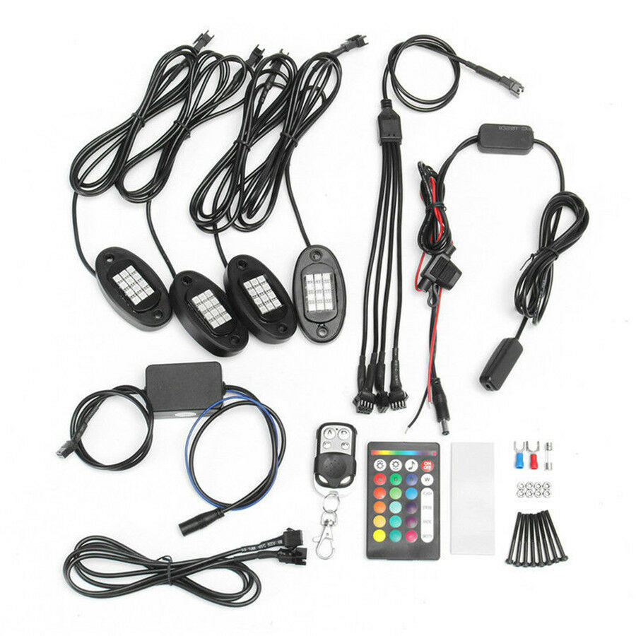 4x Universal RGB LED Under Body Light Mini Rock Lamp Car Off-Road Remote Control