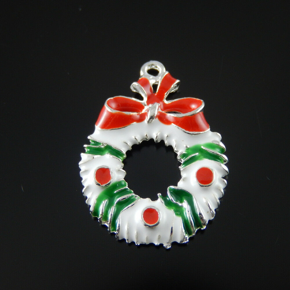 Lot of (x10) Christmas Floral Garland Craft Charm Oil Drip Pendant 27x19x3mm