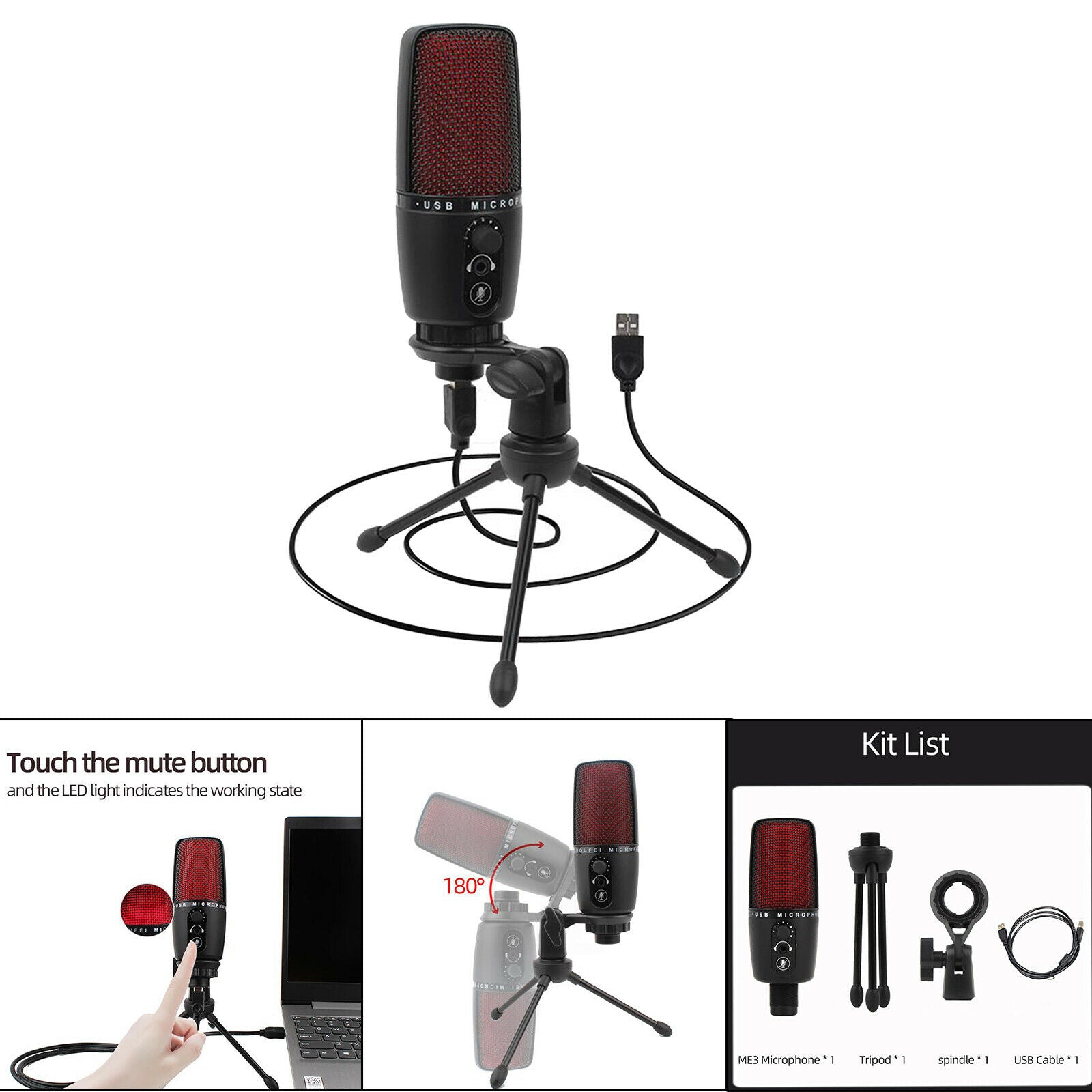 Portable USB audio condenser microphone with tripod for computers Red LED