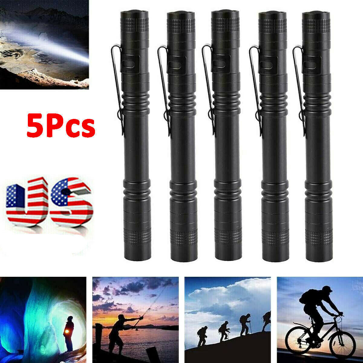 5x 50000LM Mini LED Penlight Flashlight Torch Clip Pocket Lamp Lights Waterproof