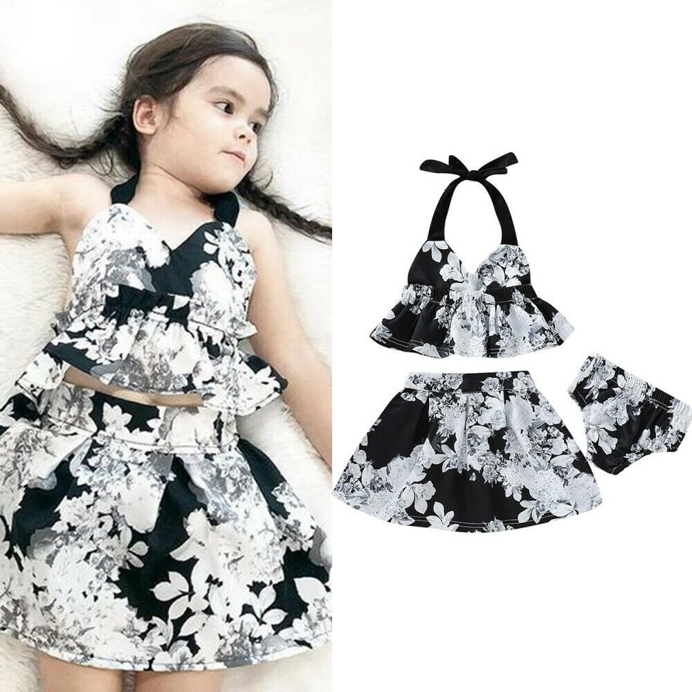 Girl Kids Toddler Outfits Clothing Set Halter Top + Pants + Swing Skirt 3PCS