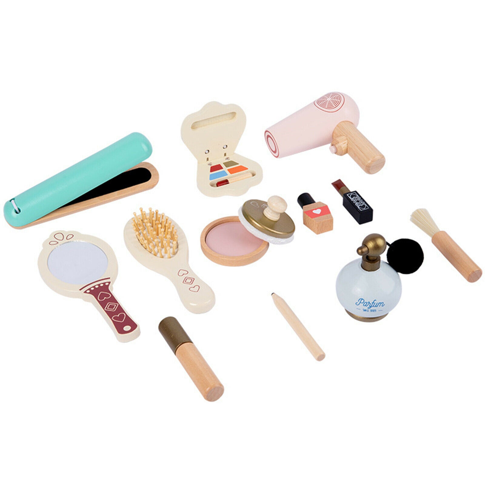 12pcs Wooden Kids Makeup Kit Role Play Curling Iron Brush Perfume Gifts