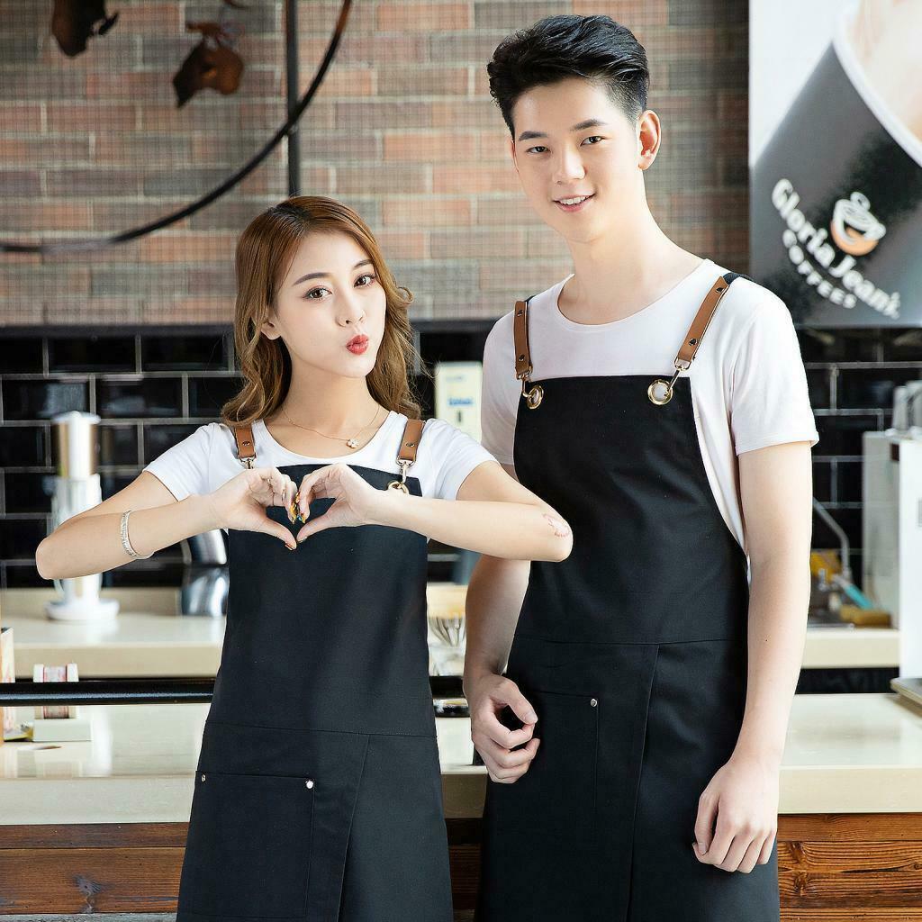 2Pcs Black Denim Apron Unisex Kitchen Bar Leather Cross Back Straps
