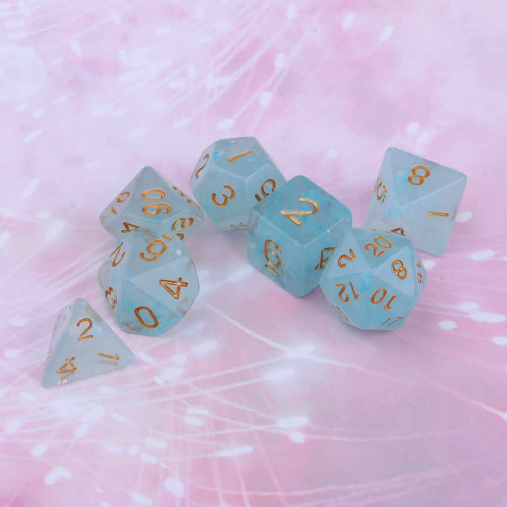 Set of 7 Gem Acrylic Polyhedral for D&D Game Board Games Party Light Blue