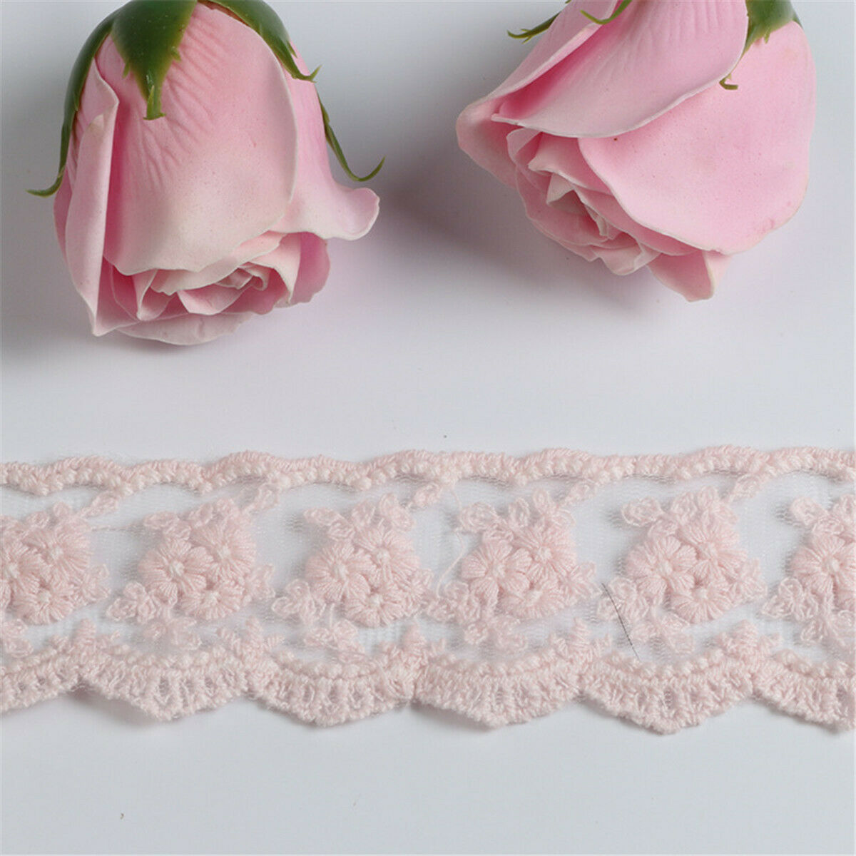 Embroidery Pink Floral Cotton Lace Trim Ribbon Wedding Dress Fabric Sewing Craft