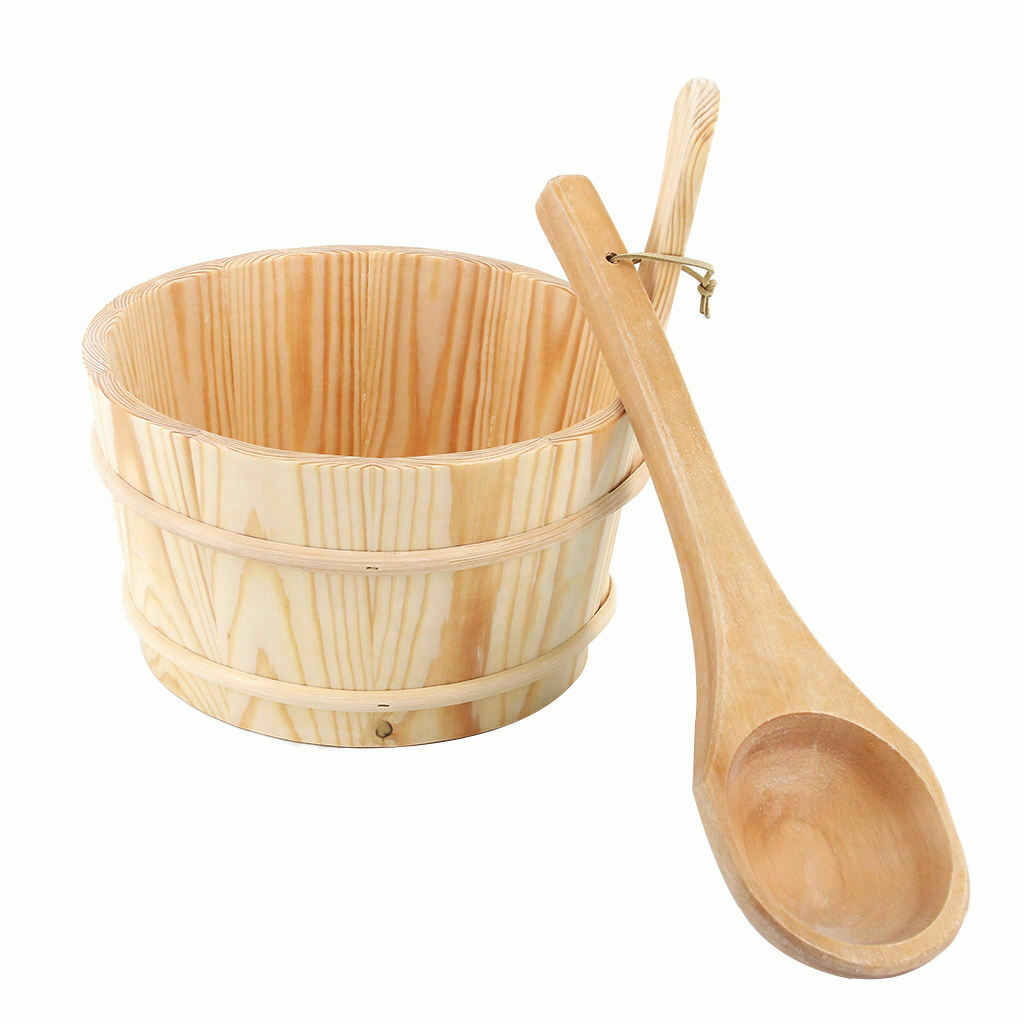 Natural Wooden Durable Sauna Bucket and Ladle Kit with Handle Water Scoop