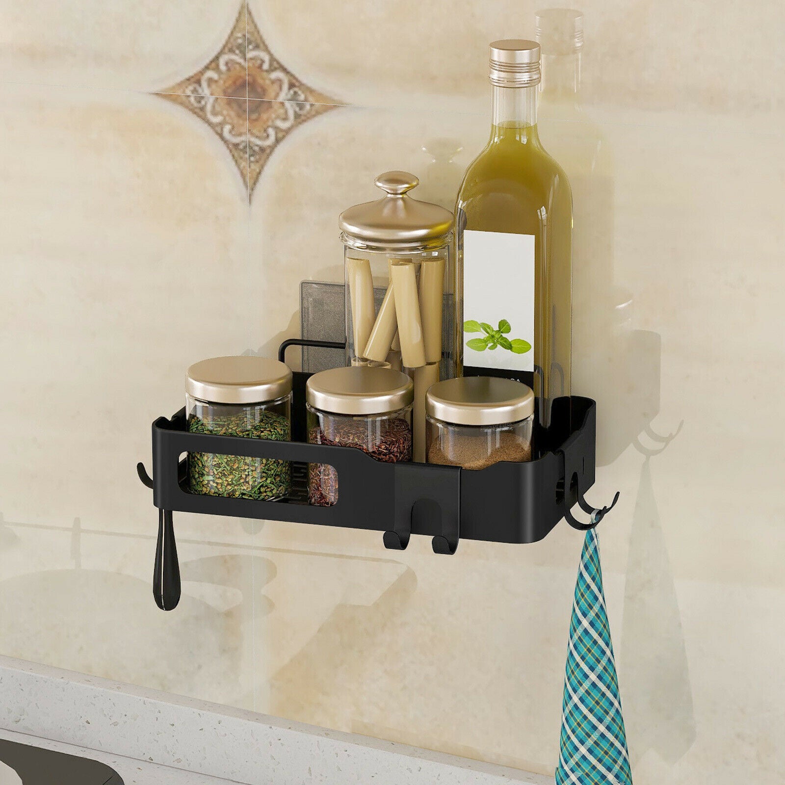 Wall Kitchen Shelf Shower Shampoo Basket Organizer with 3 Hooks Household