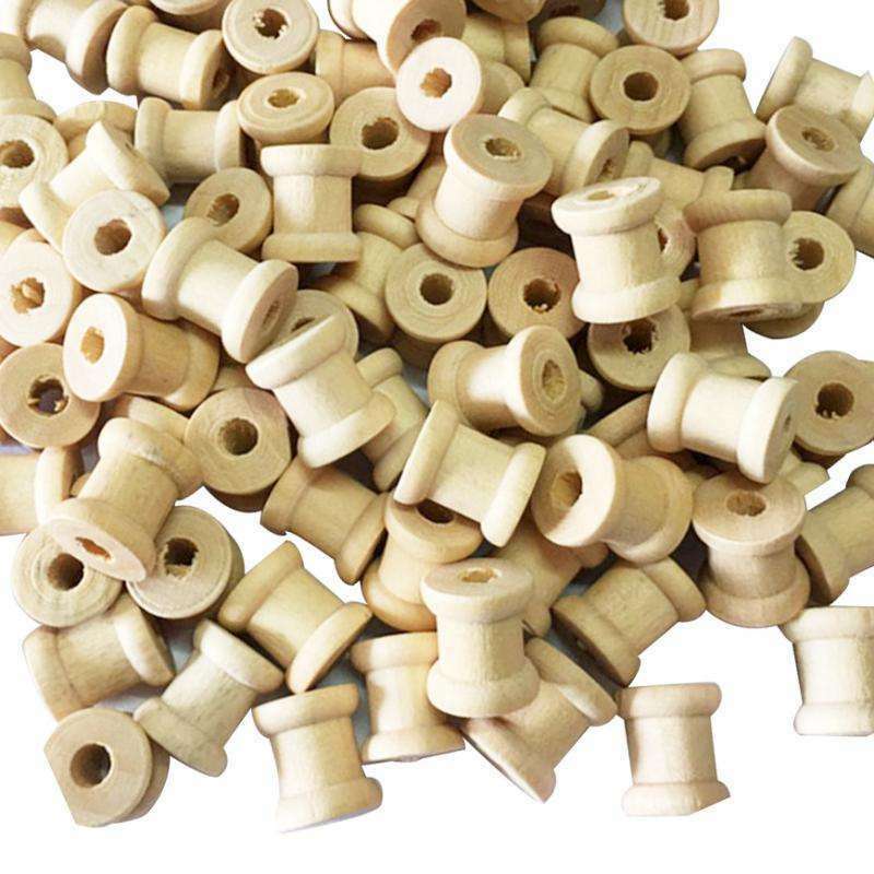 100 Pieces Mini Natural Color Wooden Empty Spools for Thread Ribbons Trims