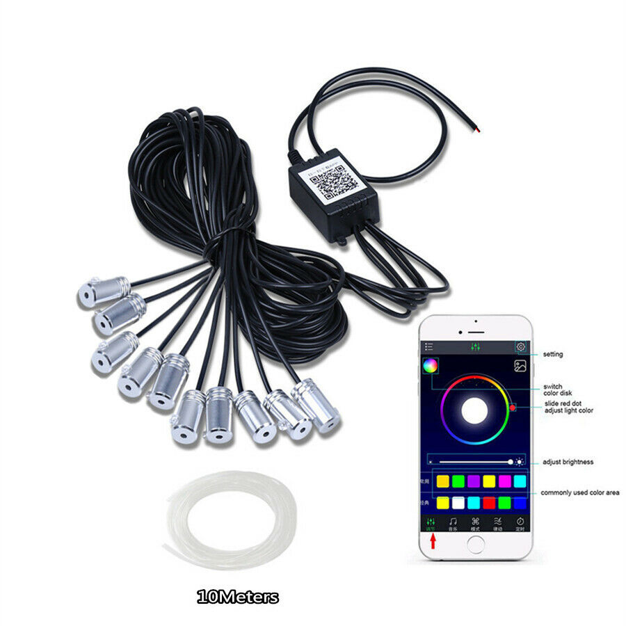 12V RGB Car Interior Atmosphere Light 10 in 1 Neon EL Fiber Optical Strip Light